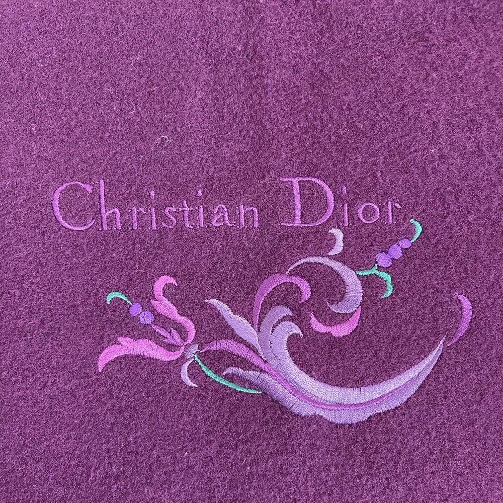 Christian Dior large purple 100% wool scarf fringe fluffy warm logo CD floral - Picture 8 of 13